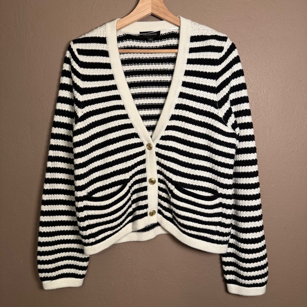 Callgraphie Black and White Striped Knit Cardigan Sweater Women's Size Large